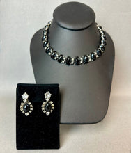 Load image into Gallery viewer, Vintage Bogoff Faux Onyx Clear Rhinestone Silvertone Collar Necklace & Clip Earrings Set Signed (16", 1.25")