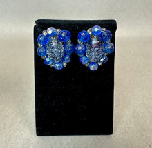 Load image into Gallery viewer, Vintage Bogoff Czech Glass Shades of Blue Textured Bead Necklace & Clip Earrings Set Signed (17", 1.25")