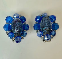 Load image into Gallery viewer, Vintage Bogoff Czech Glass Shades of Blue Textured Bead Necklace & Clip Earrings Set Signed (17", 1.25")