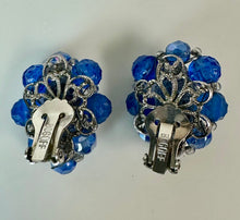 Load image into Gallery viewer, Vintage Bogoff Czech Glass Shades of Blue Textured Bead Necklace & Clip Earrings Set Signed (17", 1.25")