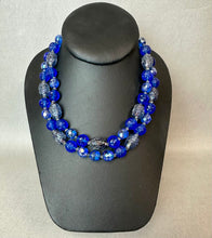Load image into Gallery viewer, Vintage Bogoff Czech Glass Shades of Blue Textured Bead Necklace & Clip Earrings Set Signed (17", 1.25")