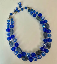 Load image into Gallery viewer, Vintage Bogoff Czech Glass Shades of Blue Textured Bead Necklace & Clip Earrings Set Signed (17", 1.25")
