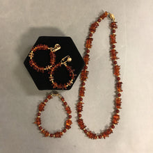Load image into Gallery viewer, Goldtone Amber Chip Bead Necklace, Bracelet, Clip Earrings Set
