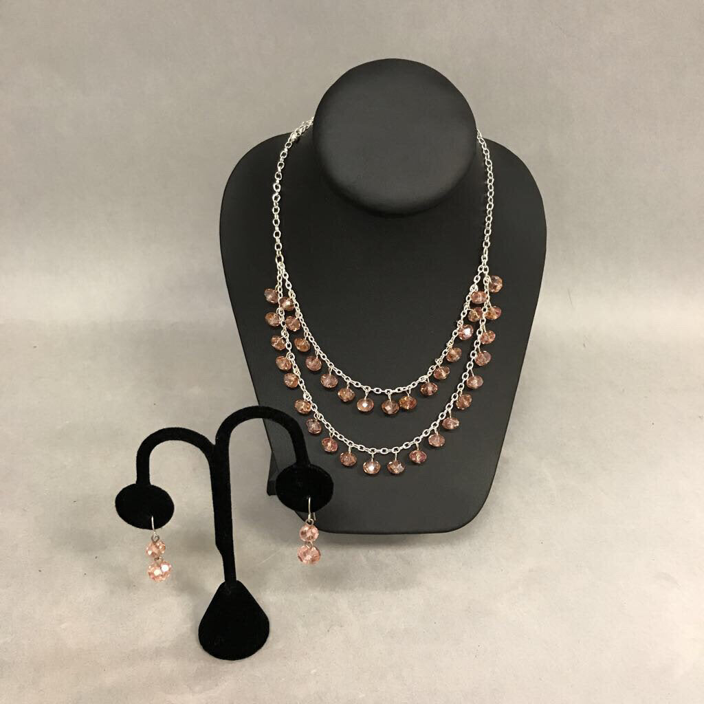 Silvertone Pink Iridescent Bead Necklace & Earrings Set