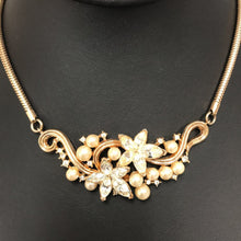 Load image into Gallery viewer, Vintage Goldtone Rhinestone Faux Pearl Floral Necklace
