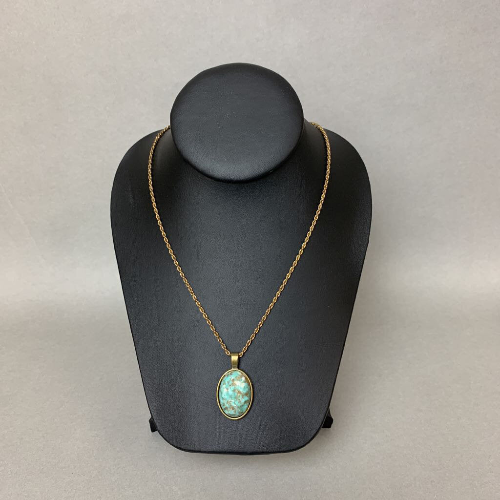 Mooncalf Handmade Recycled Vintage Turquoise Resin Cabochon Pendant on Vintage Chain