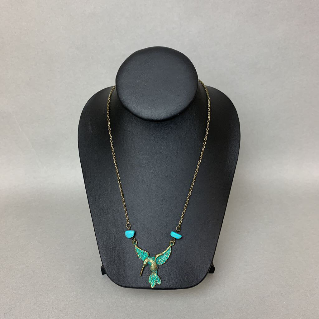 Mooncalf Handmade Brass Hummingbird Necklace w/ Turquoise Accents