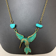 Load image into Gallery viewer, Mooncalf Handmade Brass Hummingbird Necklace w/ Turquoise Accents
