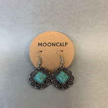 Load image into Gallery viewer, Mooncalf Handmade Silvertone Faux Turquoise Medallion Earrings
