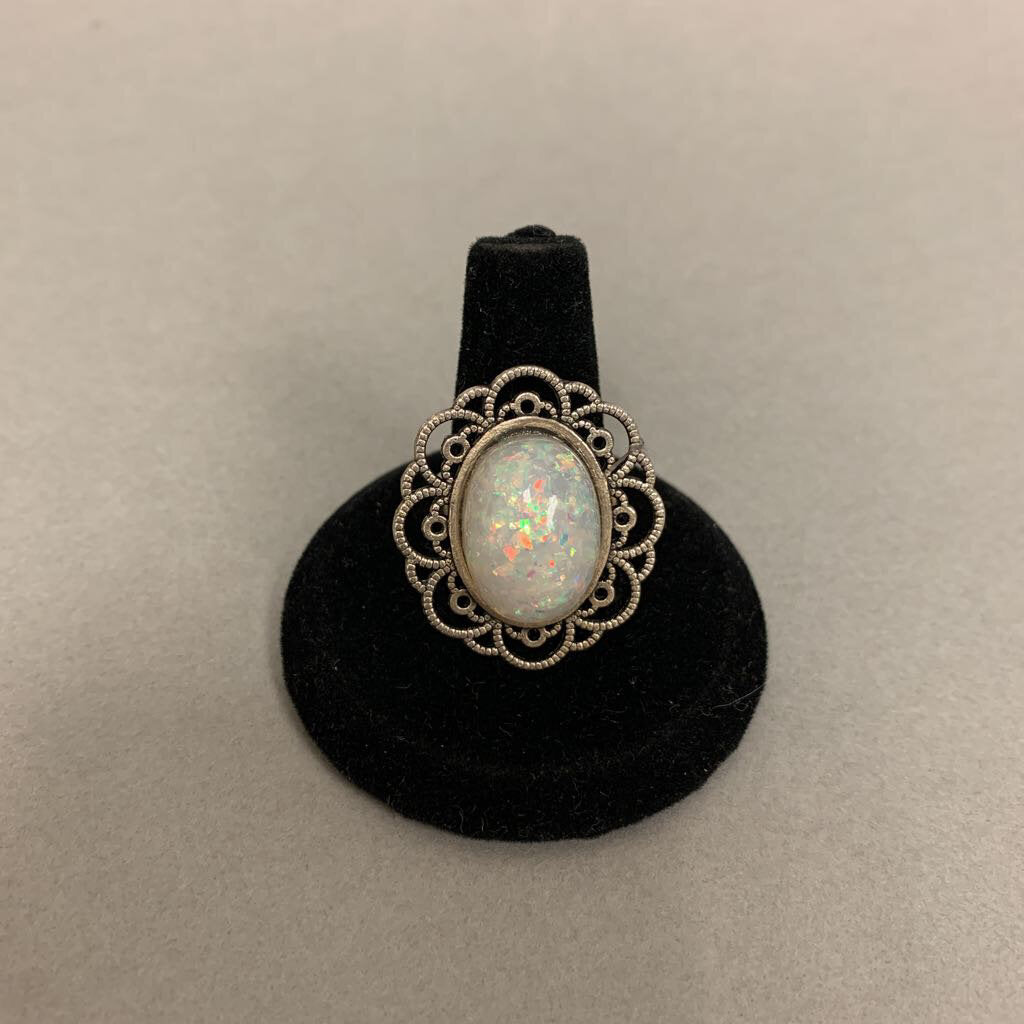 Mooncalf Handmade Silvertone Faux Opal Adjustable Ring