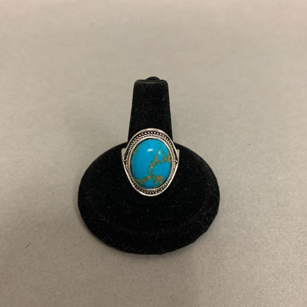 Mooncalf Handmade Antiqued Silvertone Faux Turquoise Ring sz 7
