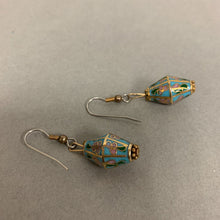 Load image into Gallery viewer, Vintage Turquoise Cloisonne Hexagonal Barrel Dangle Earrings
