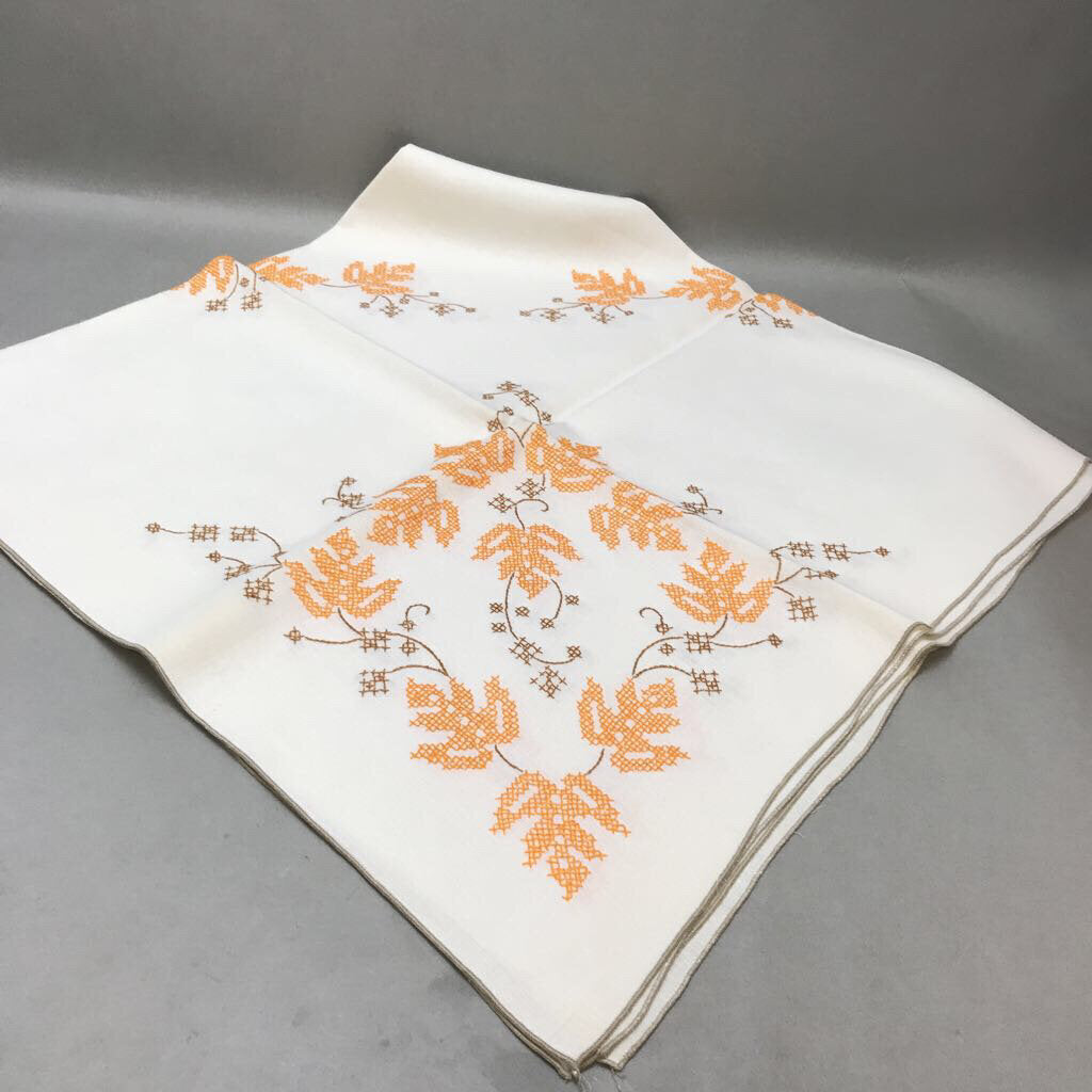 Vintage Embroidered Orange & Brown Tablecloth (48x48)(As Is)