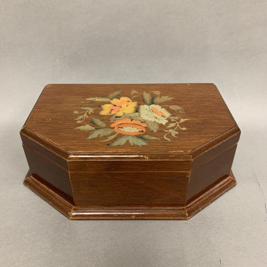 Vintage Sankyo Musical Floral Wood Jewelry Box (3x8.5x6