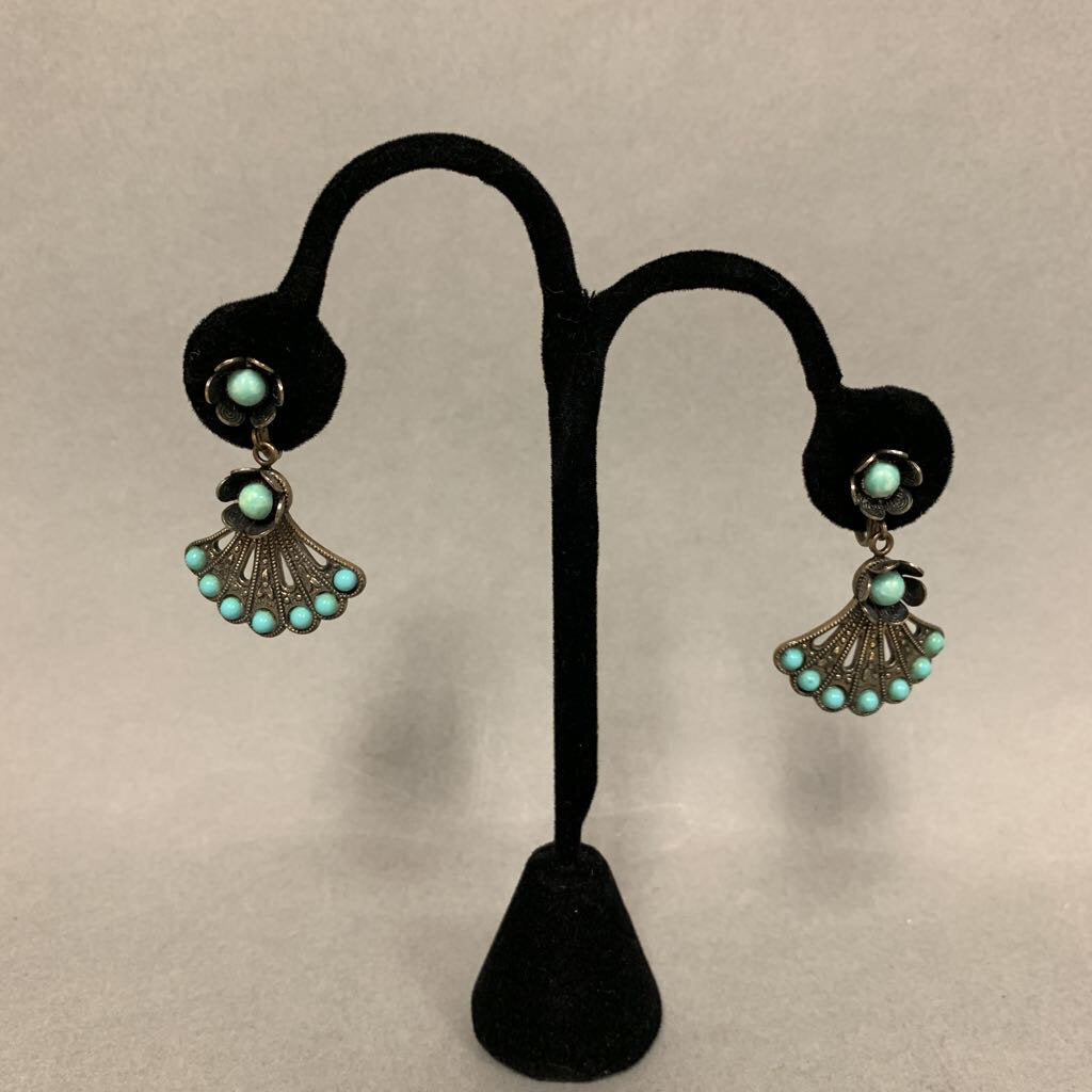 Silver Plated Faux Turquoise Fan Screw Back Earrings