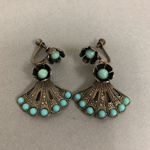 Load image into Gallery viewer, Silver Plated Faux Turquoise Fan Screw Back Earrings
