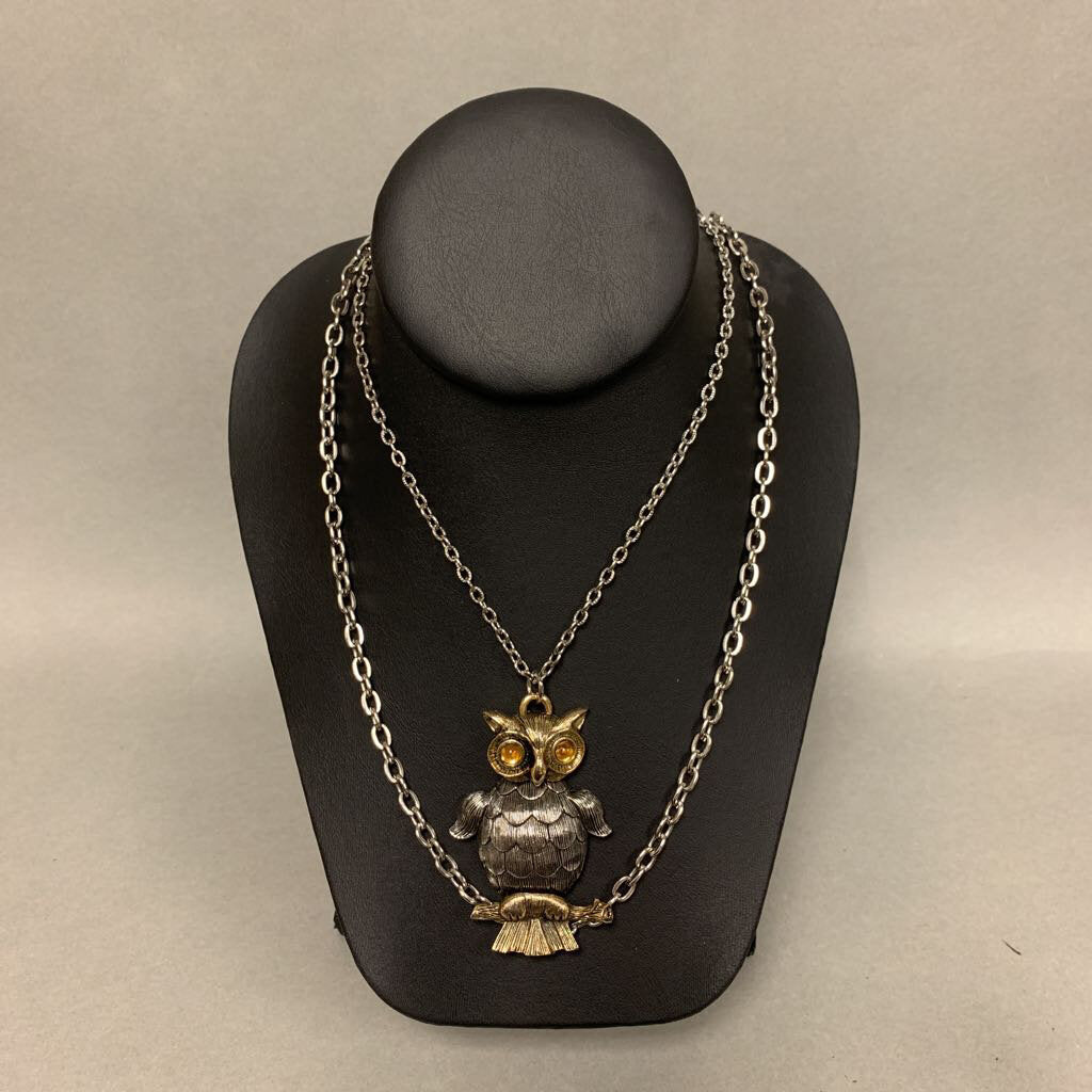 Vintage Two Tone Articulated Owl Pendant on Double Chain Necklace