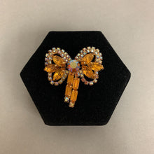 Load image into Gallery viewer, Vintage Gold Aurora Borealis Rhinestone Bow Brooch Pin (2&quot;)
