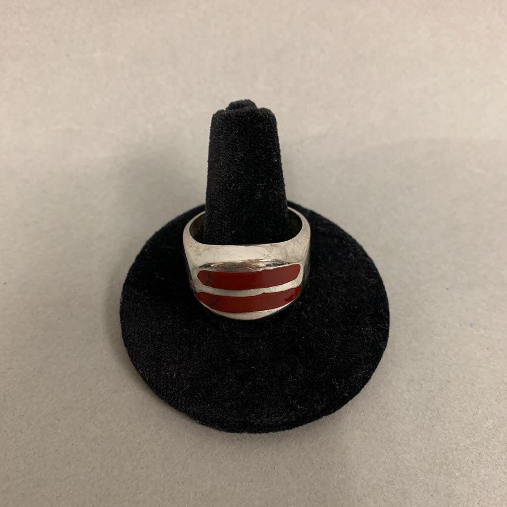 Sterling Red Coral Stripe Ring sz 11