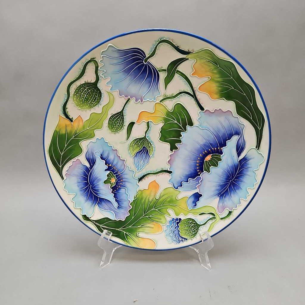 J McCall Blue Sky Cloisonne-Style Plate, Blue Green Floral (11.5