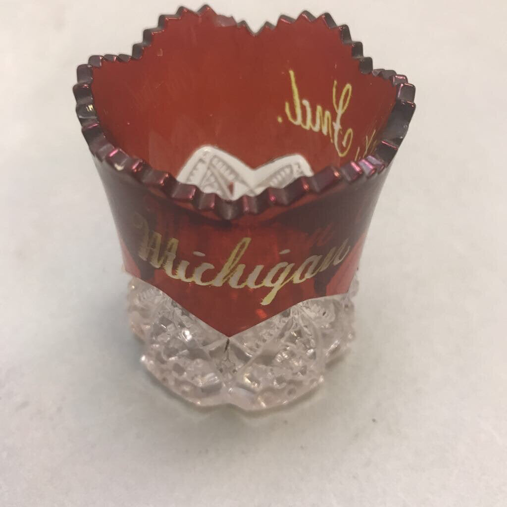 Vintage Ruby Red Flash Souvenir of Michigan City, Ind. Small Glass (2
