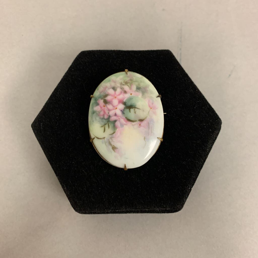 Vintage Handpainted Floral Porcelain Brooch Pin (2