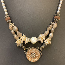 Load image into Gallery viewer, Ivory &amp; Gray Pearl Vintage Button Charm Necklace (20&quot;)
