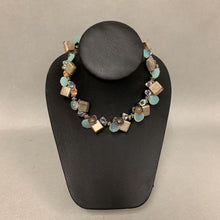 Load image into Gallery viewer, Aqua &amp; Iridescent Crystal Bead Silvertone Flowers &amp; Cubes Necklace (17&quot;)
