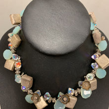 Load image into Gallery viewer, Aqua &amp; Iridescent Crystal Bead Silvertone Flowers &amp; Cubes Necklace (17&quot;)
