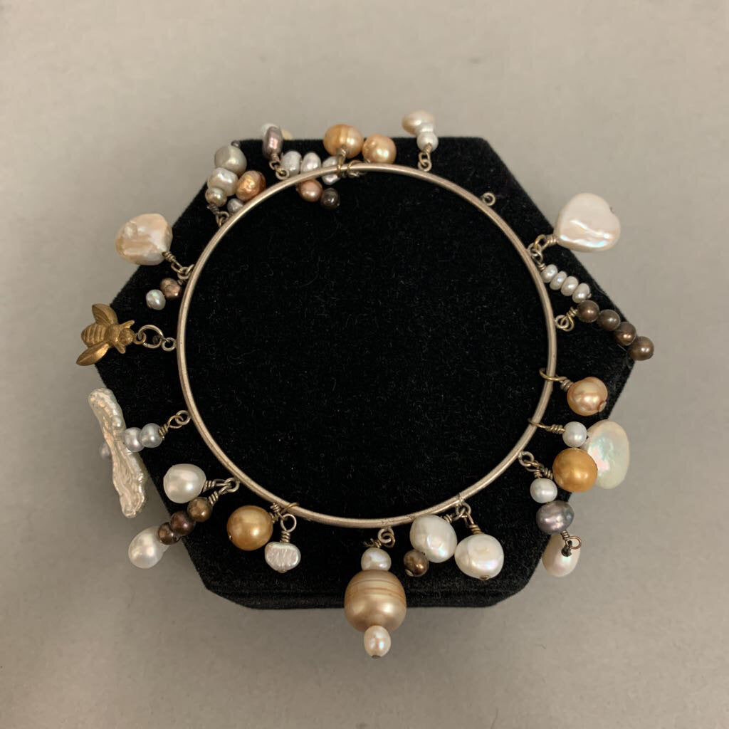 Silver Multicolor Freshwater Pearl Dangle Bangle Bracelet