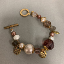 Load image into Gallery viewer, Be Here Now Goldtone Pearl Glass Bead Toggle Charm Bracelet (7.5&quot;)
