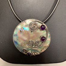 Load image into Gallery viewer, Sterling Abalone Amethyst Art Pendant on Black Rubber Cord Necklace (17&quot;)
