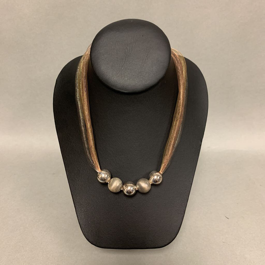 Italian Sterling Tri-tone Mesh Necklace w/ Sterling Beads (20
