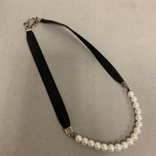 Load image into Gallery viewer, Pearl &amp; Black Ribbon Toggle Choker Necklace (16&quot;)
