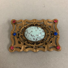 Load image into Gallery viewer, Vintage Art Nouveau Brass Glass Stone Rhinestone Accent Sash Pin Brooch (2.5&quot;)
