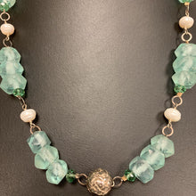Load image into Gallery viewer, Frosted Aqua Glass Freshwater Pearl Sterling Accent Necklace (19&quot;)
