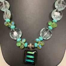Load image into Gallery viewer, Blue Green Faceted Glass Bead Necklace w/ Dichoic Art Glass Pendant (19&quot;)
