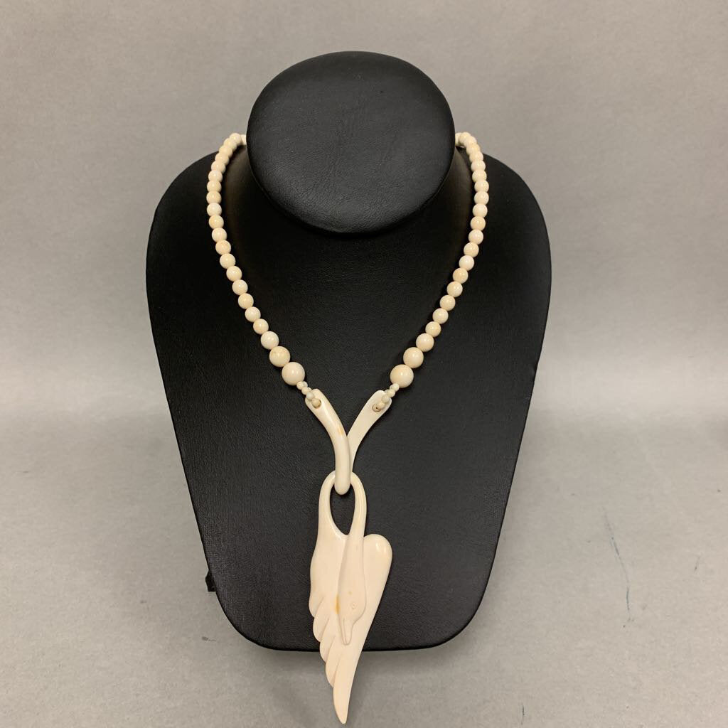Vintage Carved Bone Swan Beaded Necklace (24