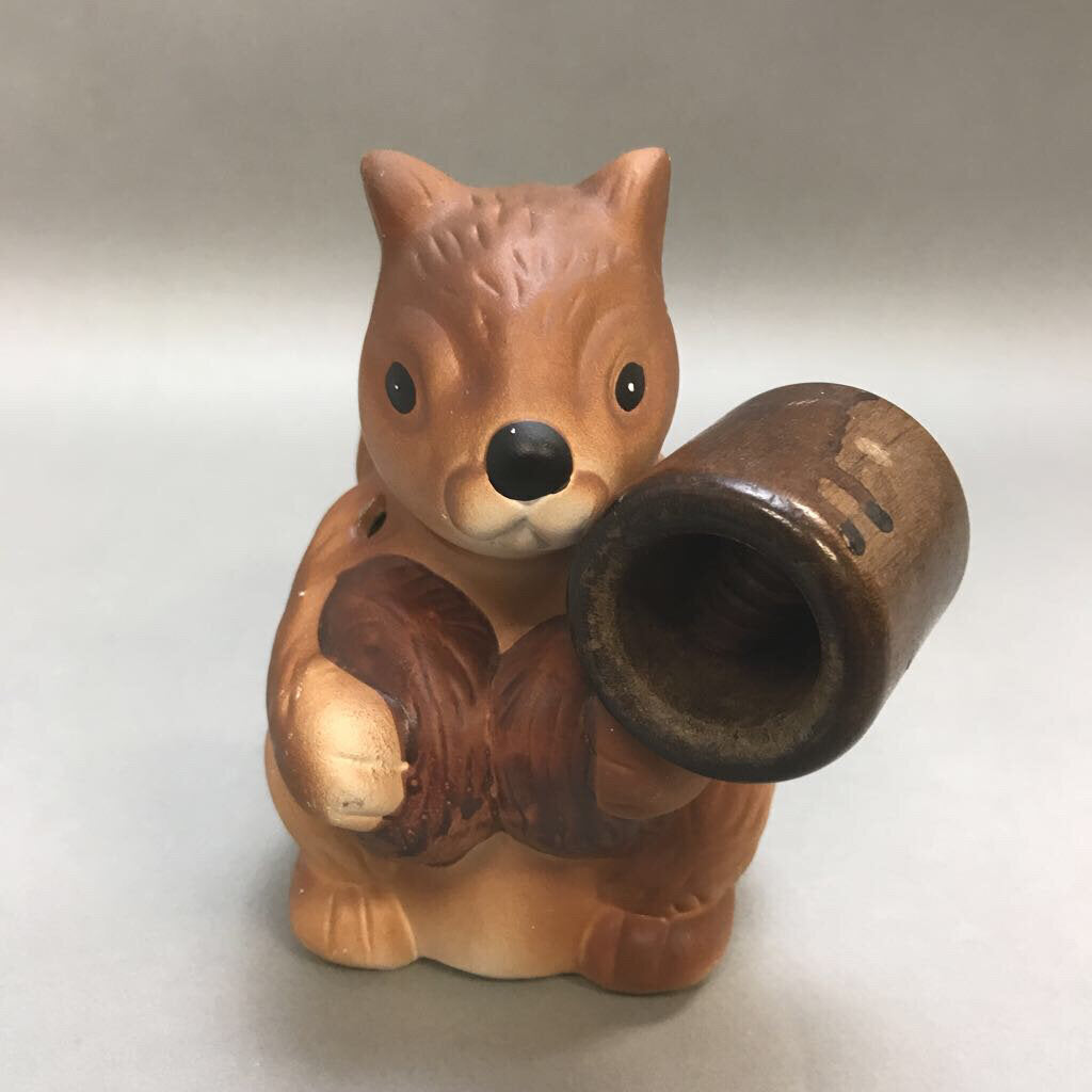 Vintage Ceramic Squirrel Nut Cracker Holder Brown Holding Nuts with Hammer (6