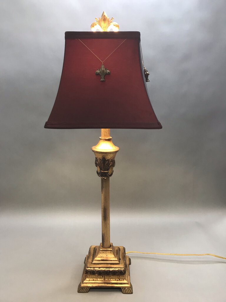 Gold Resin Table Lamp with Maroon Shade (27