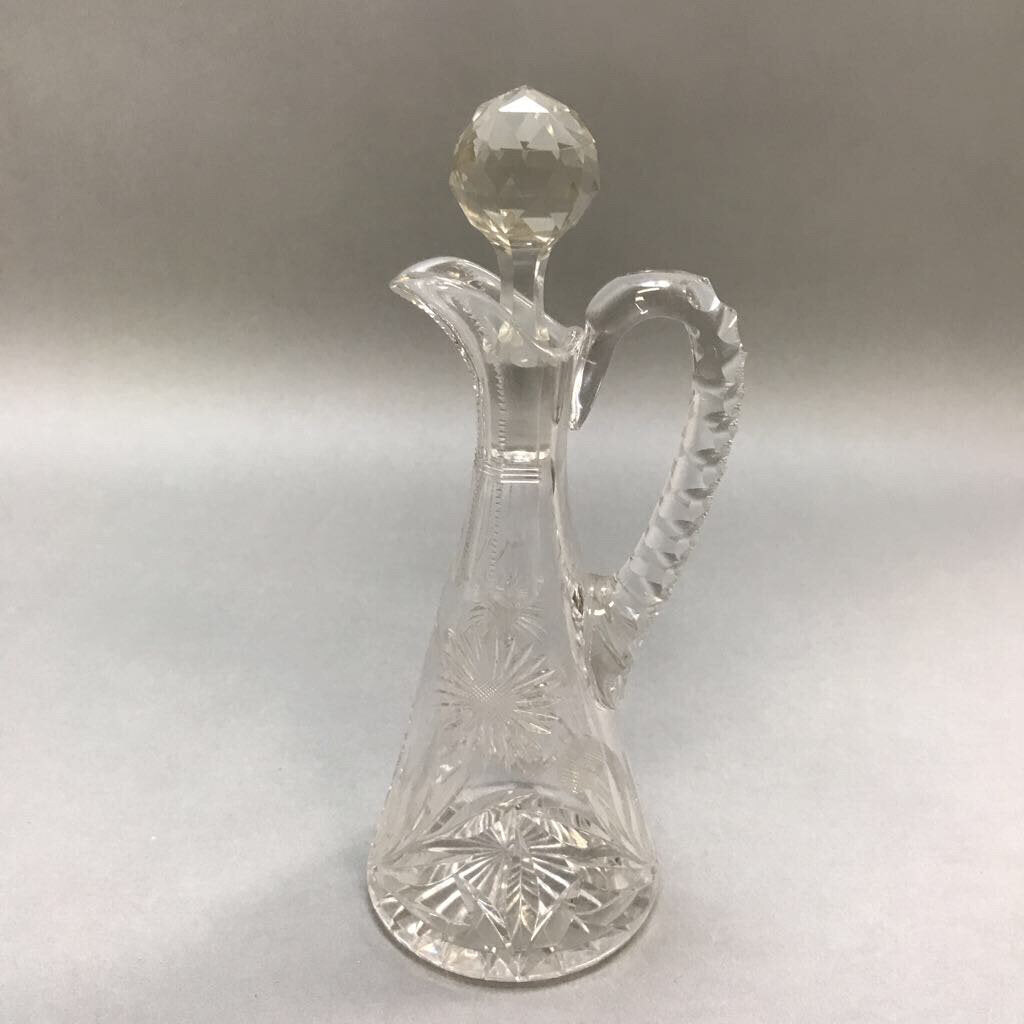 Antique American Brilliant Cut Glass Cruet Notched Handle Star Burst Design (7