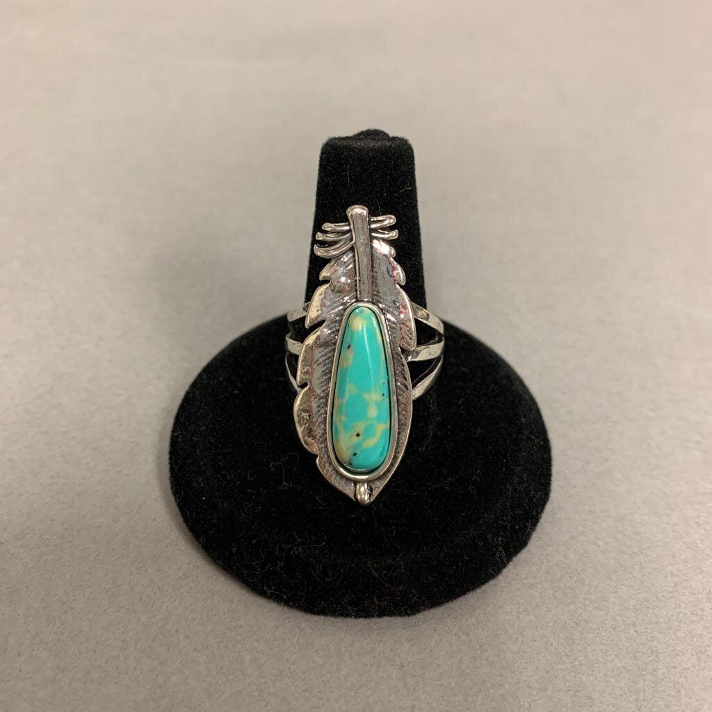 Mooncalf Handmade Faux Turquoise Silver Tone Feather Ring sz 7