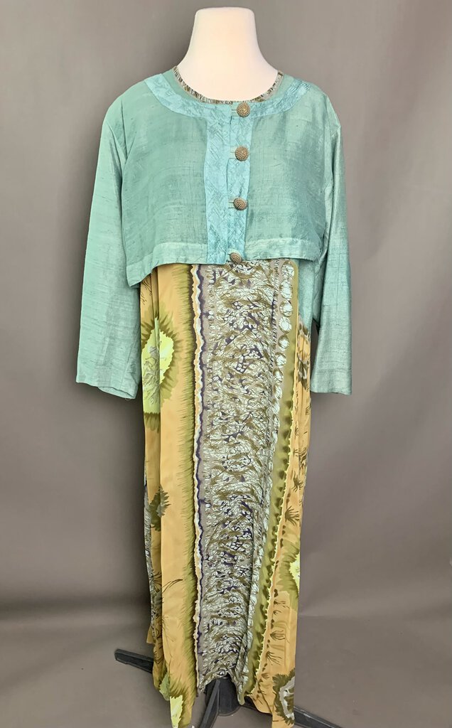 URU Blue & Brown Print Silk Maxi Dress w/ Cropped Button Top (One Size)