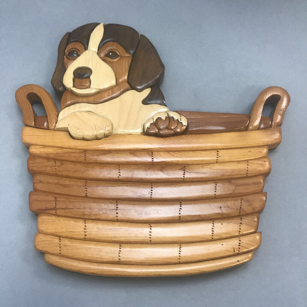 Puppy Dog In Basket Wooden Hand Crafted Wall Art (12x13x1)