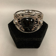 Load image into Gallery viewer, Sterling Taxco Carved Onyx Mask Cabochon Filigree Cuff Bracelet (2.5&quot; in Diameter)
