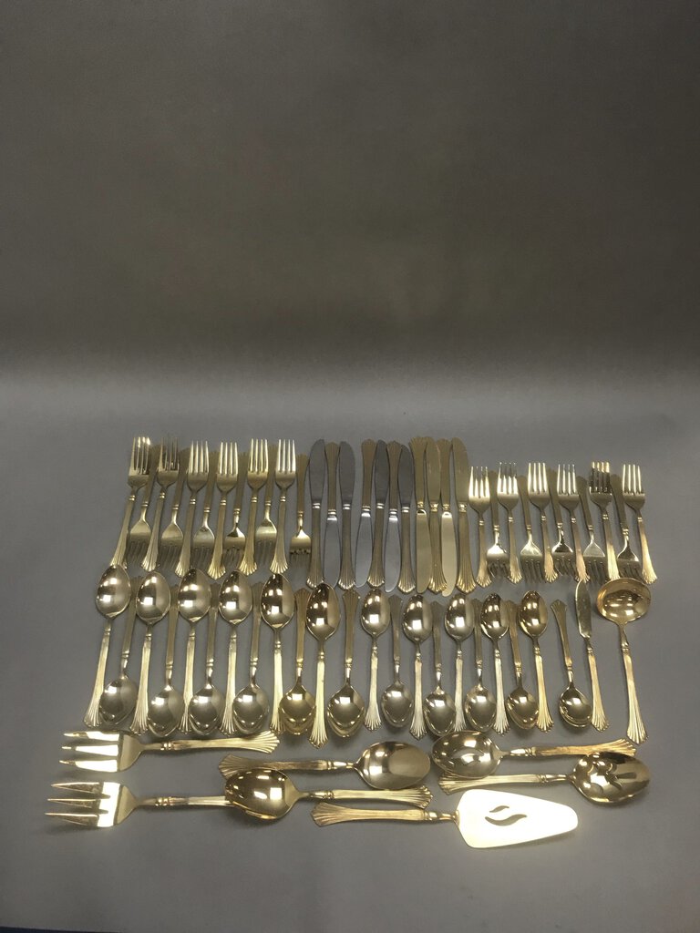 Set of 65 Gold Finish Stainless Steel Flatware 9 Place Settings