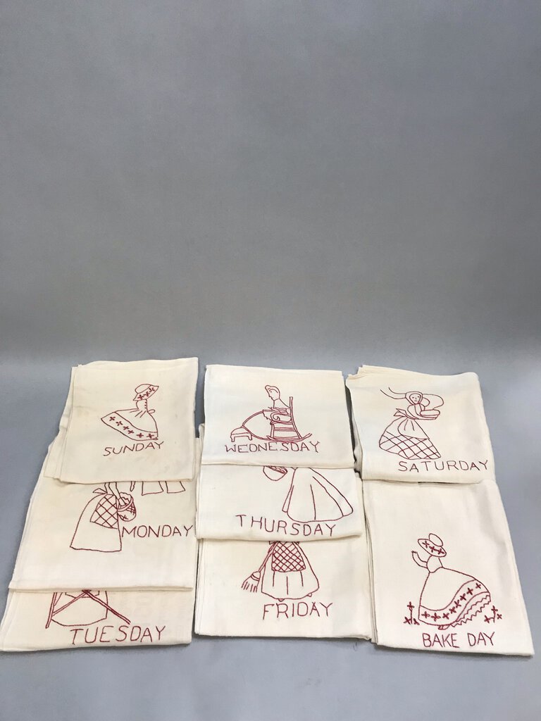 Vintage Set of 8 Embroidered Day of Week Tea Towel