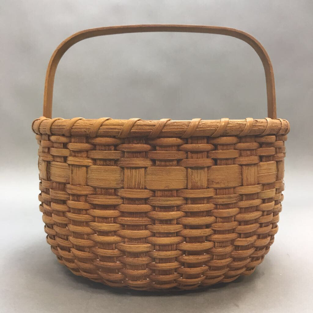Vintage Round Double Bottom Wicker Basket with Bentwood Handle (11