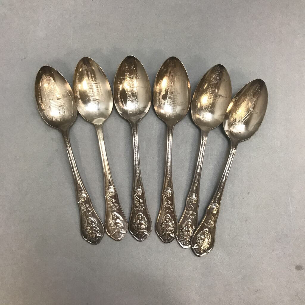Set of 6 Vintage Chicago W.M. A. Rogers Travel Transportation Building Silverplate Spoons 1933
