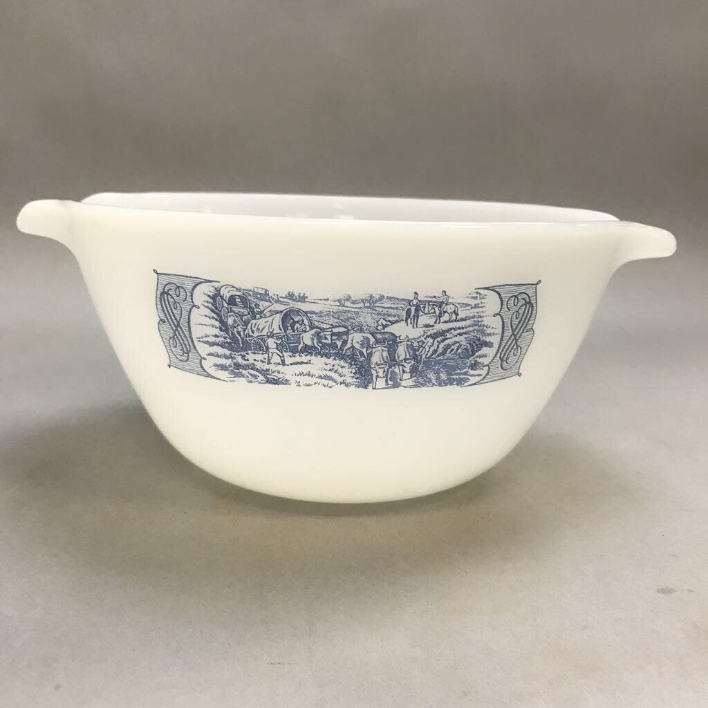 Vintage Milk Glass Mixing Bowl with Blue Western Wagon Train 13/4qt.